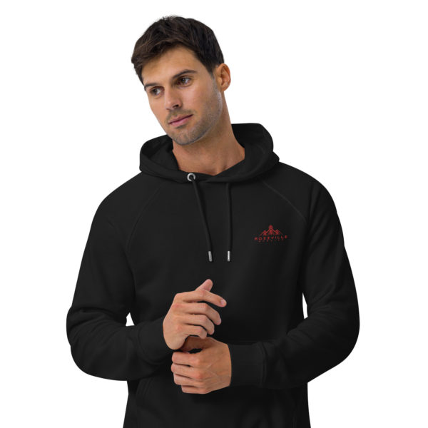 Unisex eco raglan hoodie logo left front, back center