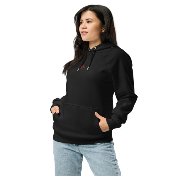 Unisex eco raglan hoodie red logo center front and back